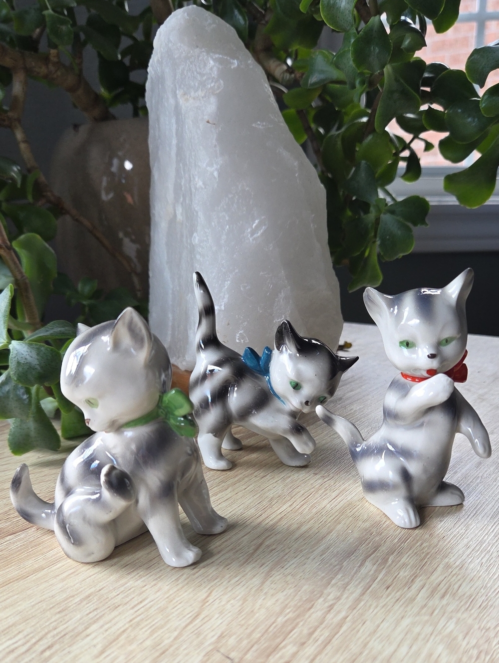 Vintage MCM Anthromorphic Ceramic Cat Figurines Set with Colored Bows